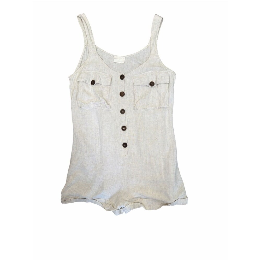 Allie Rose Linen Cotton Romper Medium Beige Button Front Utility Romper Boho